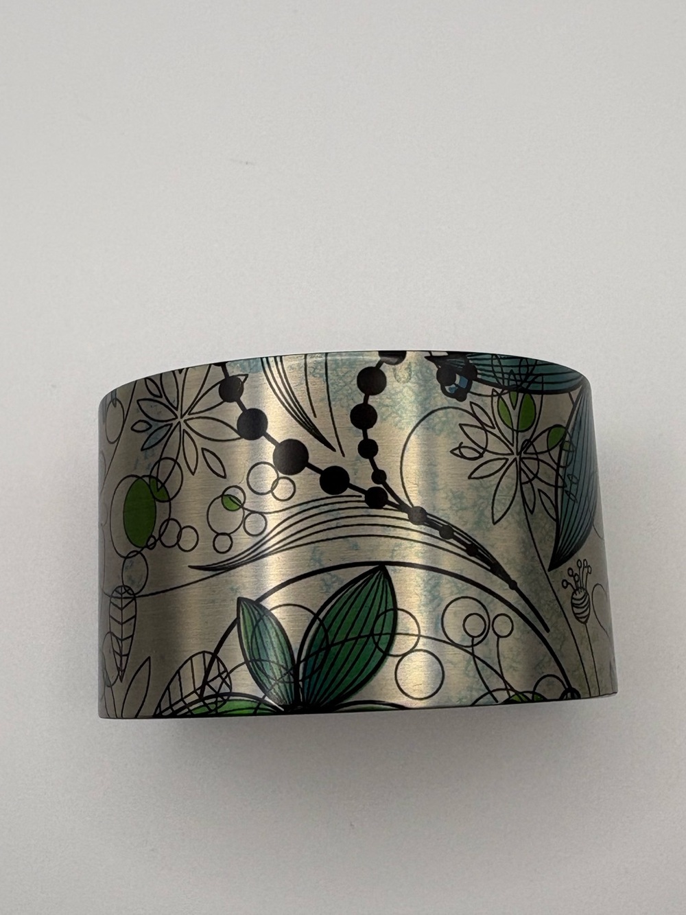 (264)Floral Stainless Steel Wide Cuff Bracelet with Green Accents “Aqua Gurl”